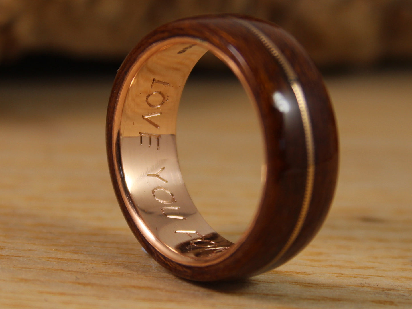 Rose Gold and Wood Ring With Acoustic Guitar String
