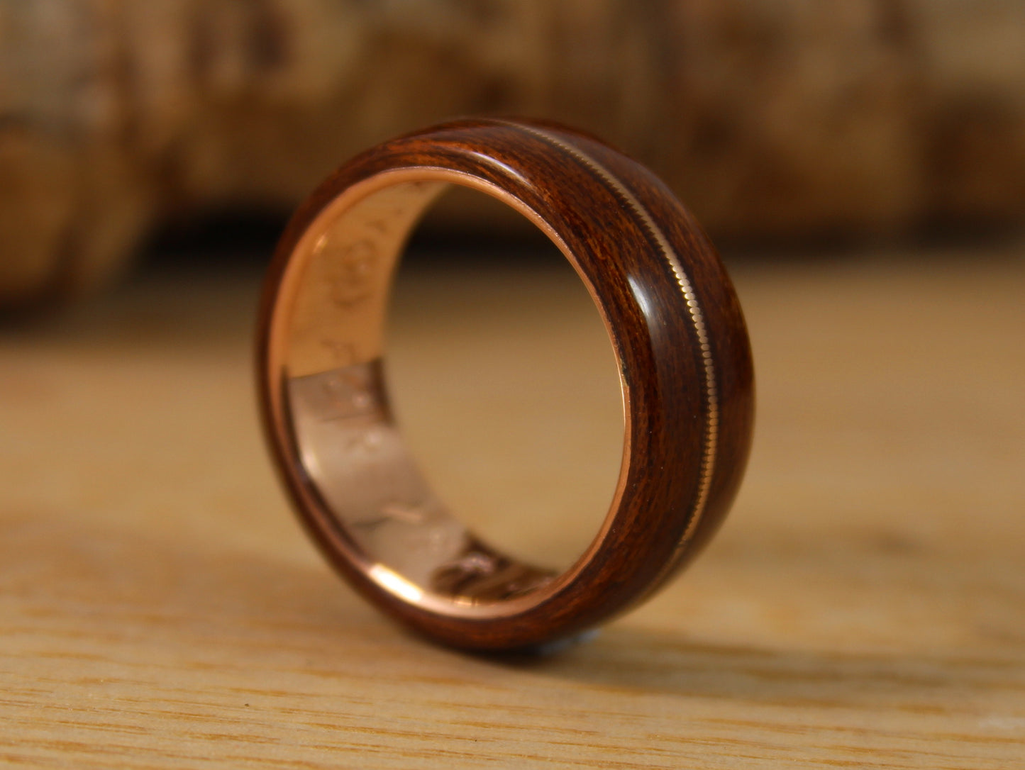 Rose Gold and Wood Ring With Acoustic Guitar String