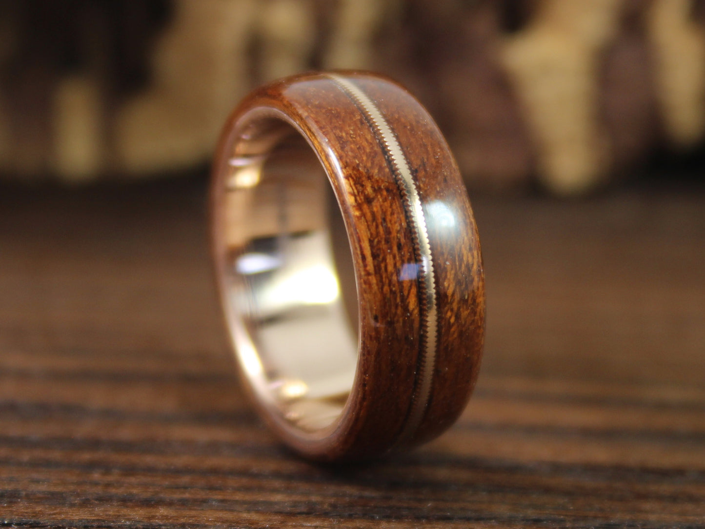Rose Gold and Wood Ring With Acoustic Guitar String