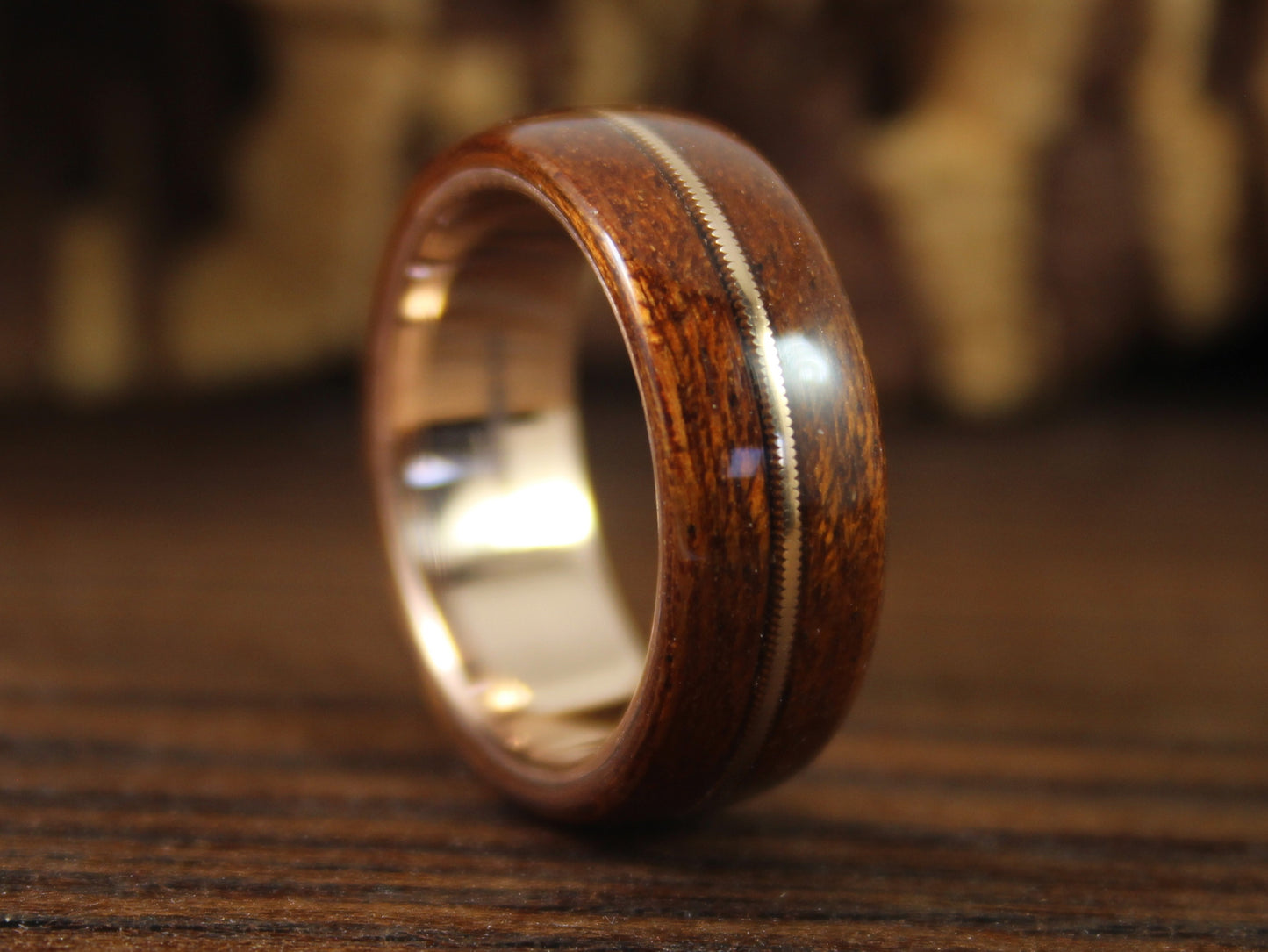Rose Gold and Wood Ring With Acoustic Guitar String