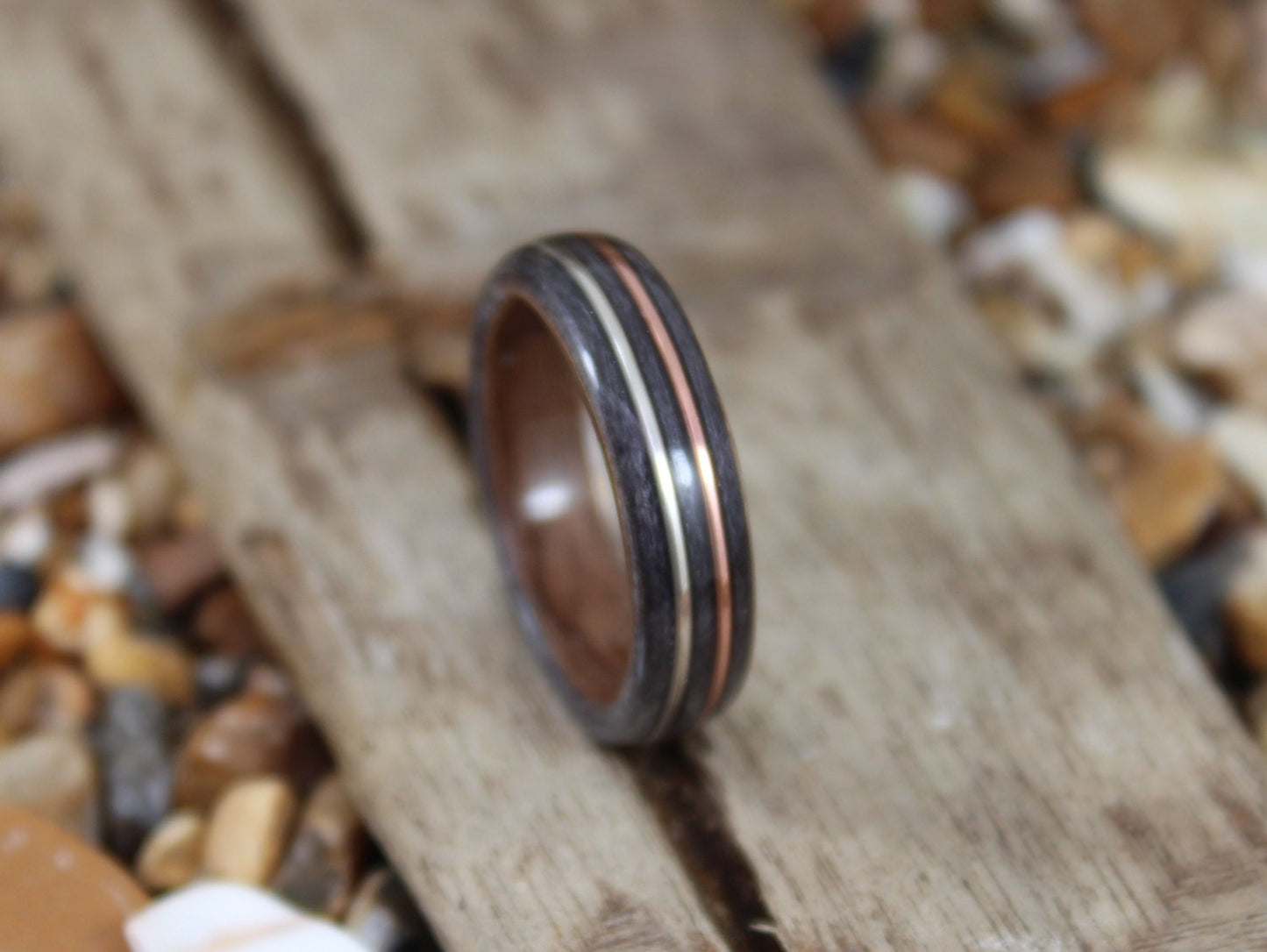 Walnut & Grey Maple with Copper and Silver Bent Wood Ring