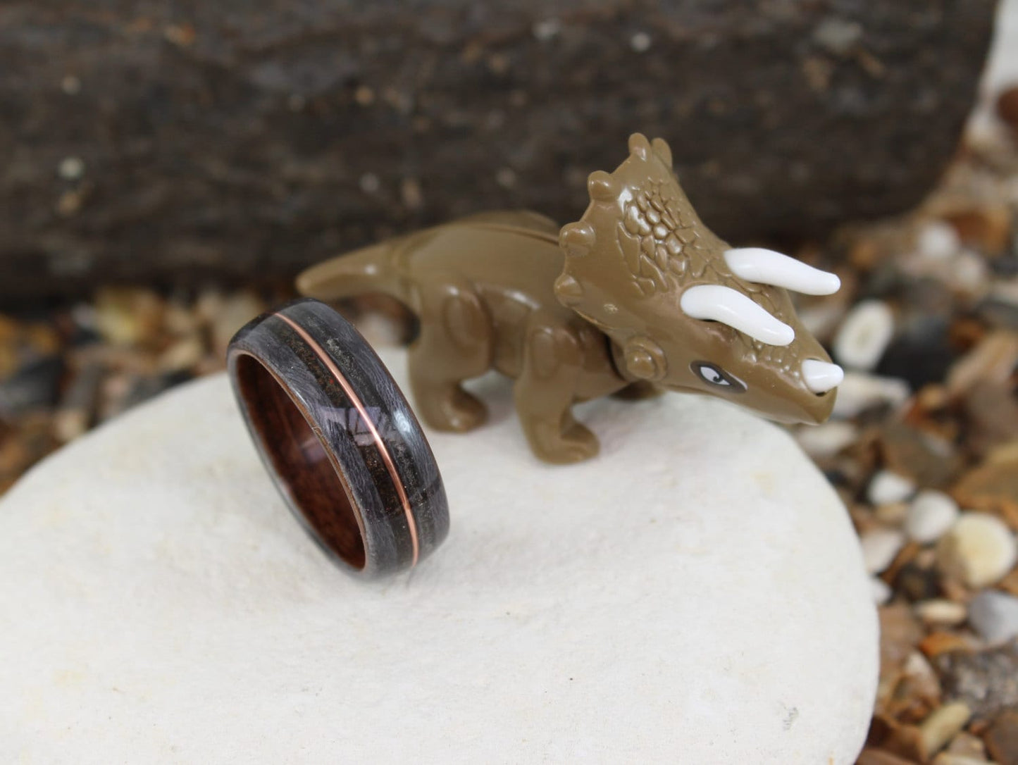 Dinosaur Bone, Meteorite and Copper Bent Wood Ring (Rosewood & Grey Maple)