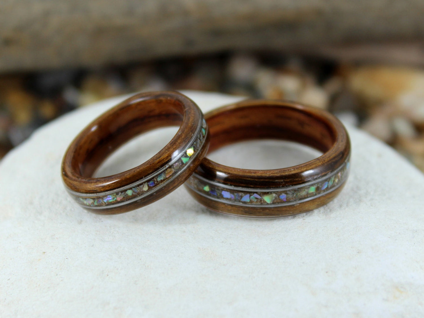 Kingwood & Olive Bent Wood Ring With Abalone + Guitar Strings