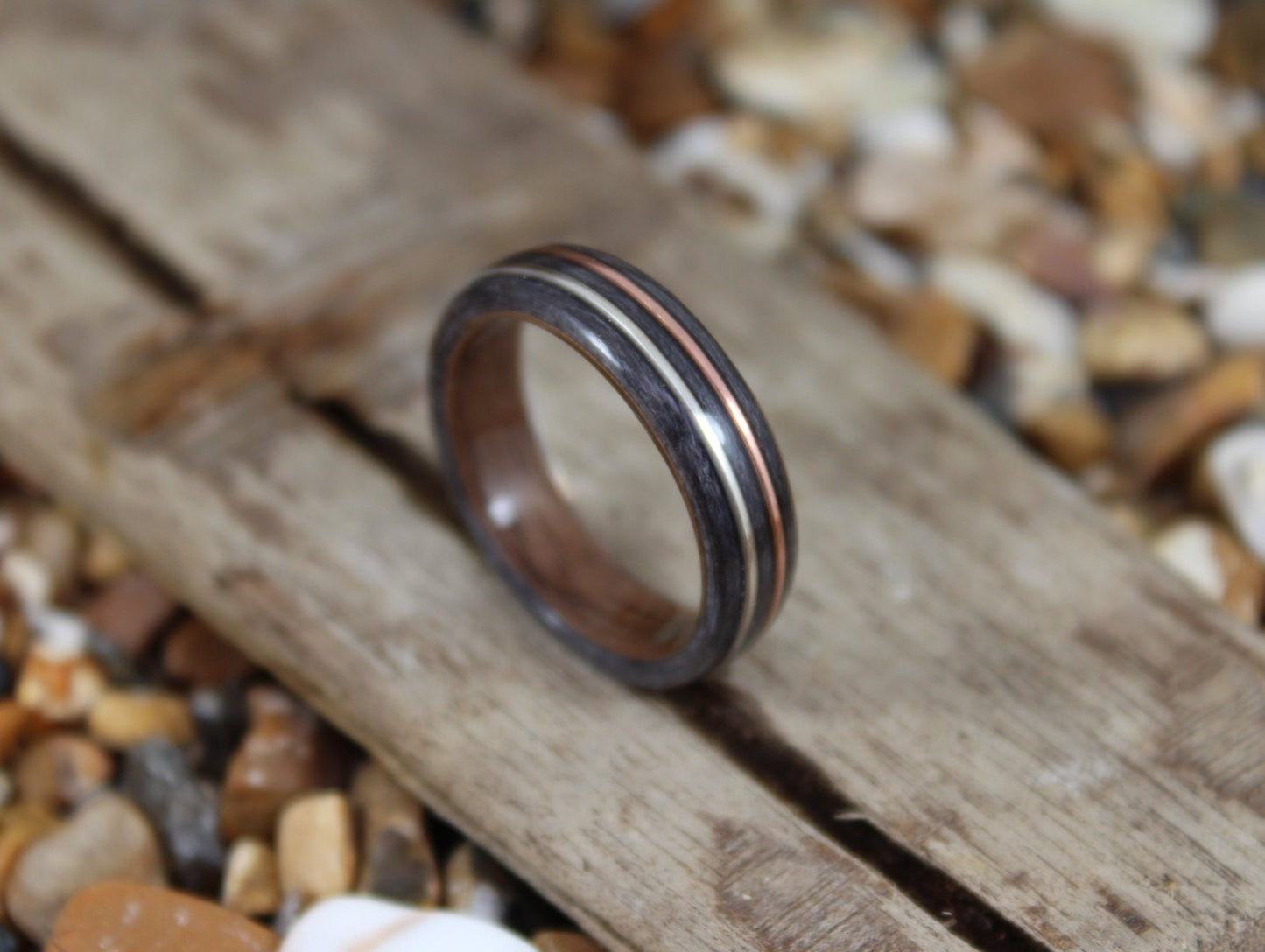 Walnut & Grey Maple with Copper and Silver Bent Wood Ring