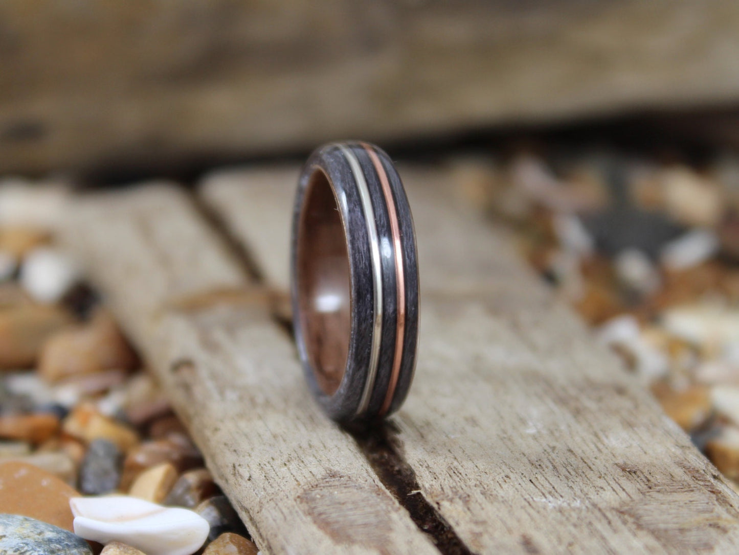 Walnut & Grey Maple with Copper and Silver Bent Wood Ring