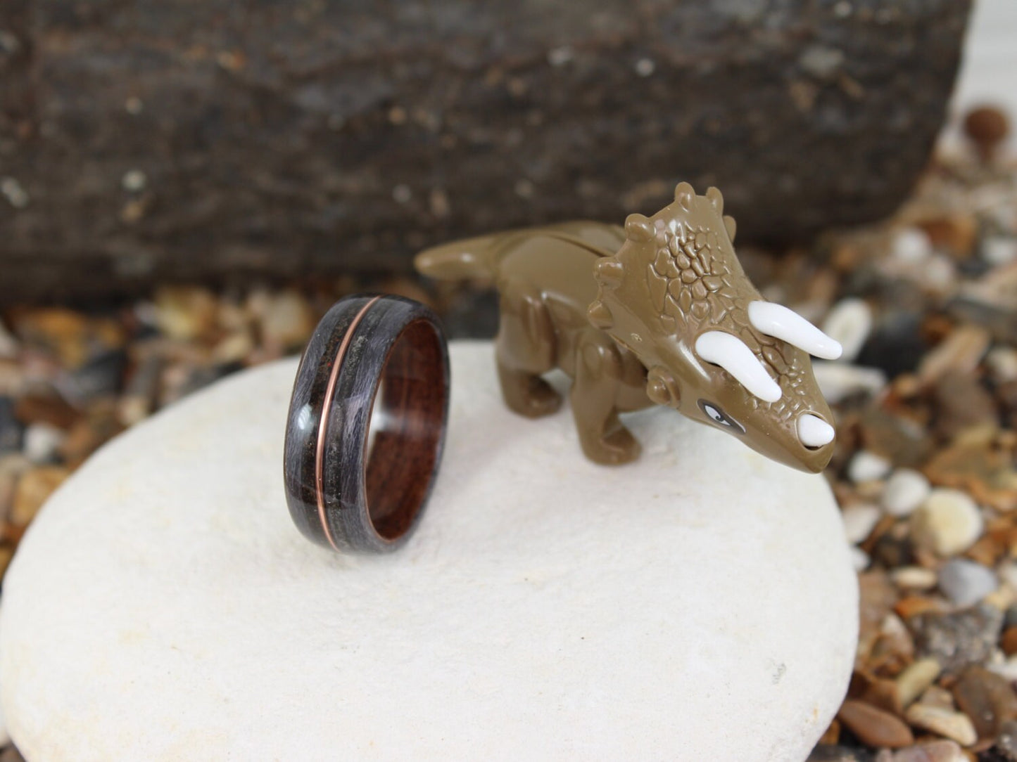 Dinosaur Bone, Meteorite and Copper Bent Wood Ring (Rosewood & Grey Maple)