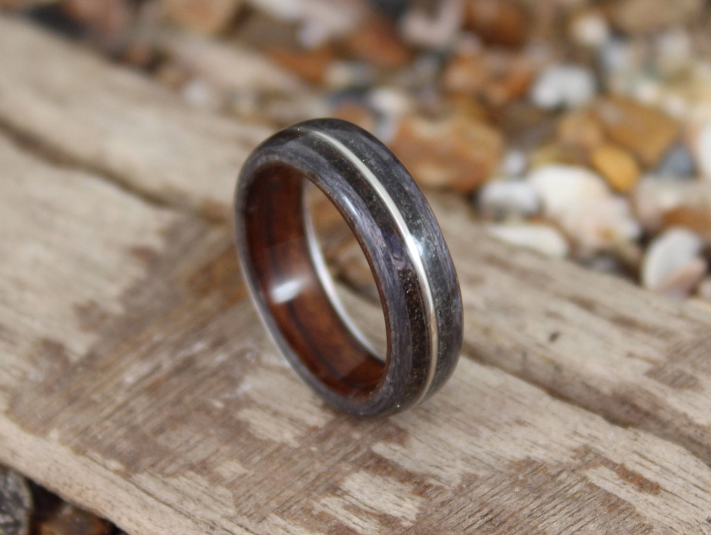 Grey Maple & Rosewood Bent Wood Ring with Dinosaur Bone, Meteorite and Silver