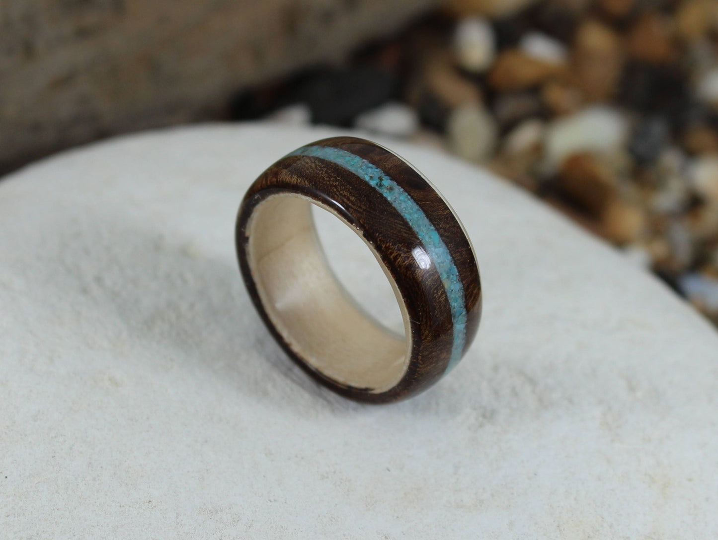 Walnut Burl & Maple with Turquoise Bent Wood Ring