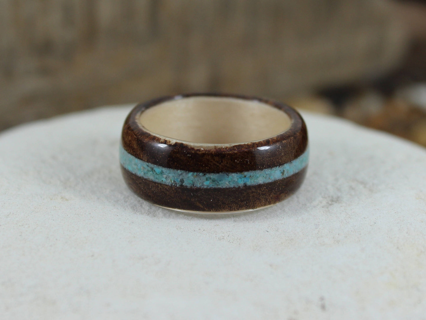 Walnut Burl & Maple with Turquoise Bent Wood Ring