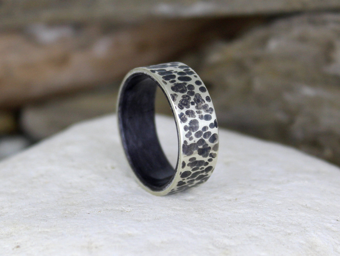 Hammered Silver Ring with Grey Maple Wood