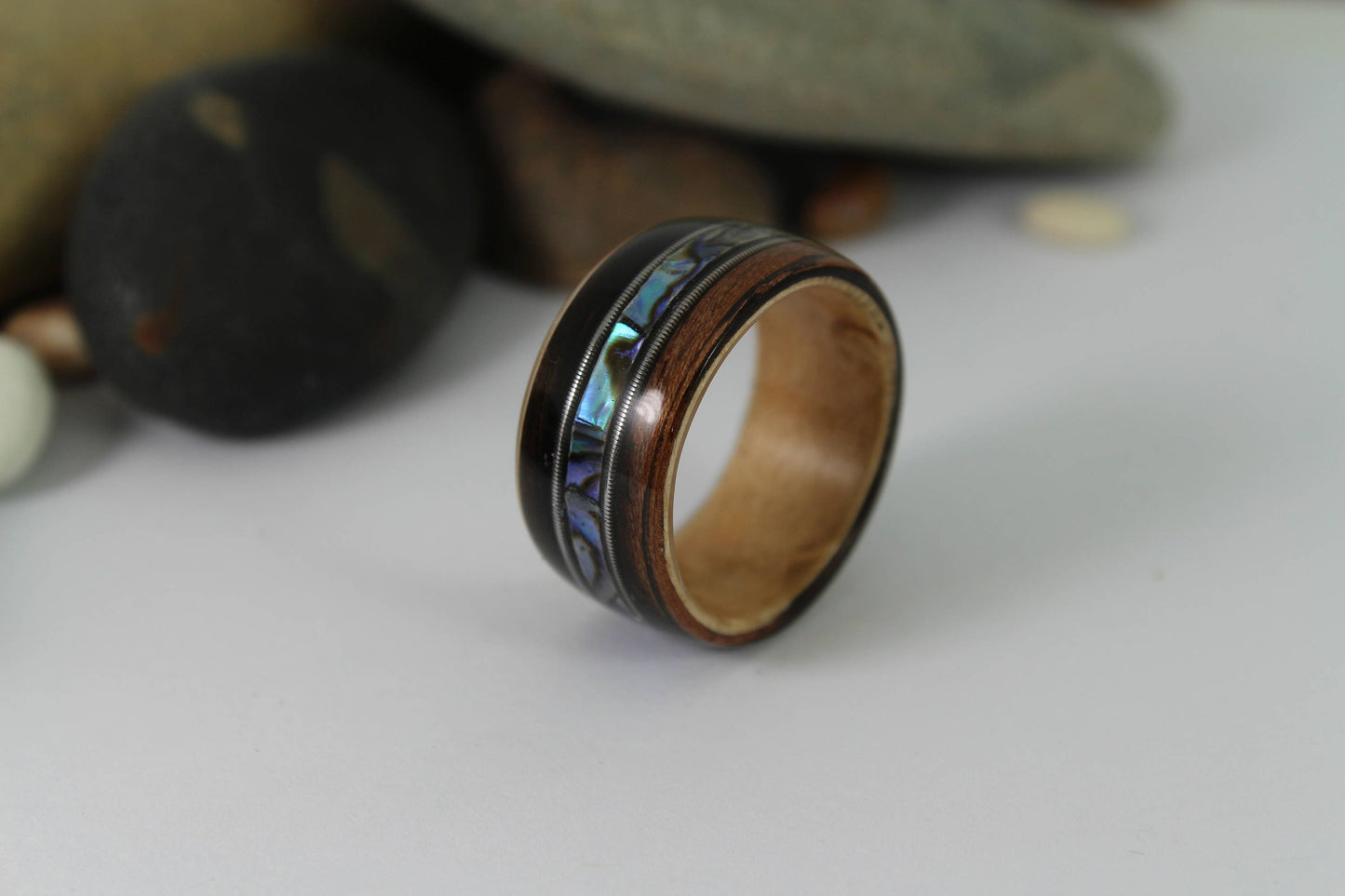 Ebony & Maple With Abalone + Guitar Strings Bent Wood Ring