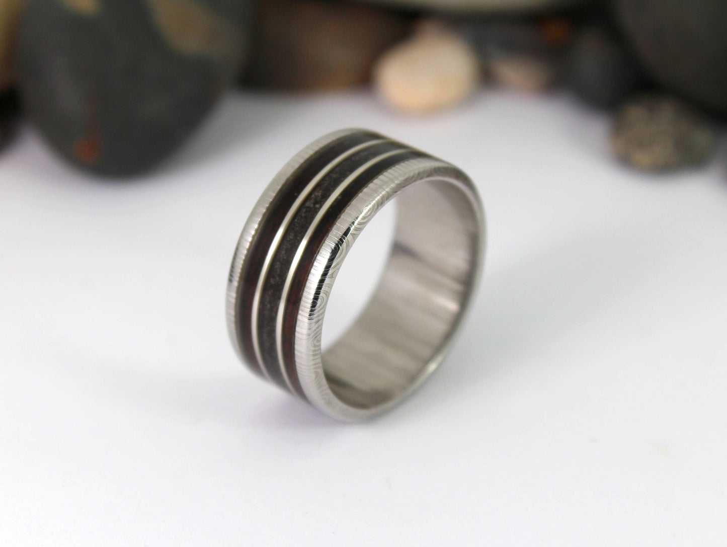 Damascus Steel Ring With Megalodon Tooth, Silver and Wood Inlay