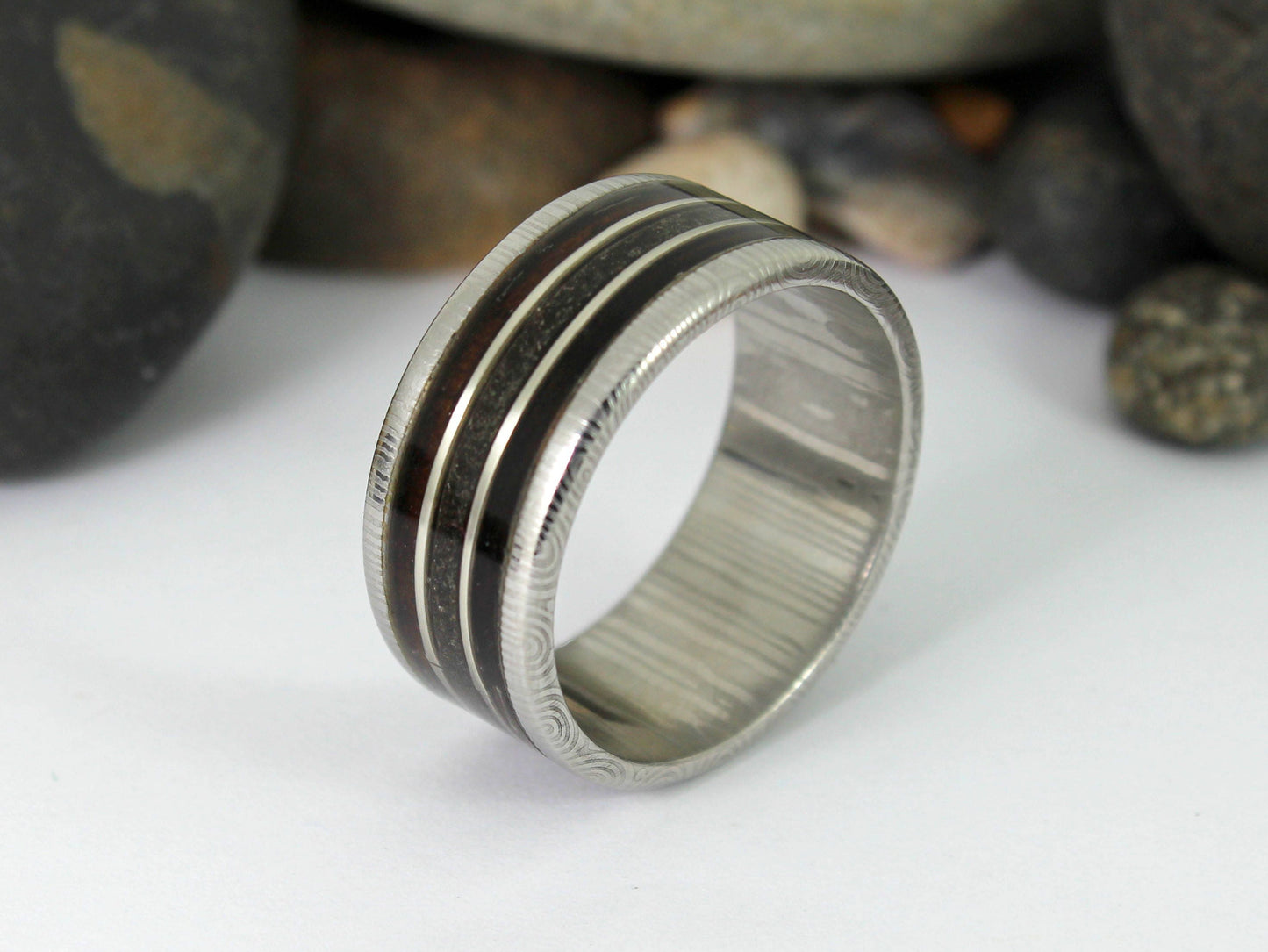 Damascus Steel Ring With Megalodon Tooth, Silver and Wood Inlay