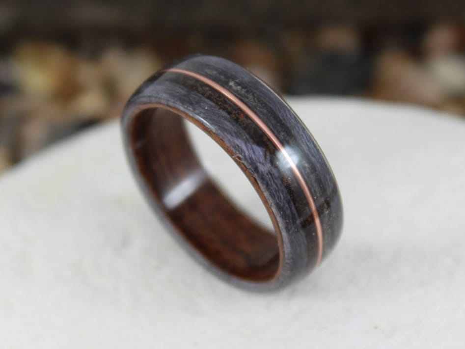 Dinosaur Bone, Meteorite and Copper Bent Wood Ring (Rosewood & Grey Maple)
