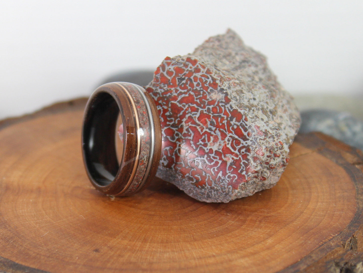 Rosewood Bent Wood Ring with Dinosaur Bone and Guitar Strings