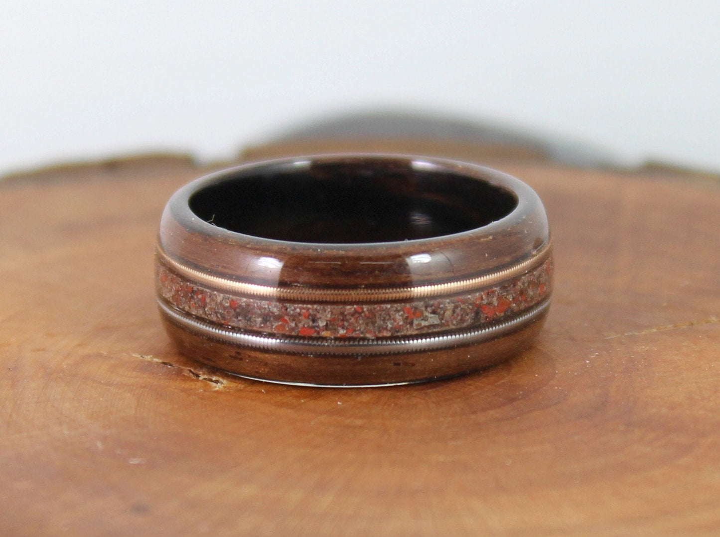Rosewood Bent Wood Ring with Dinosaur Bone and Guitar Strings