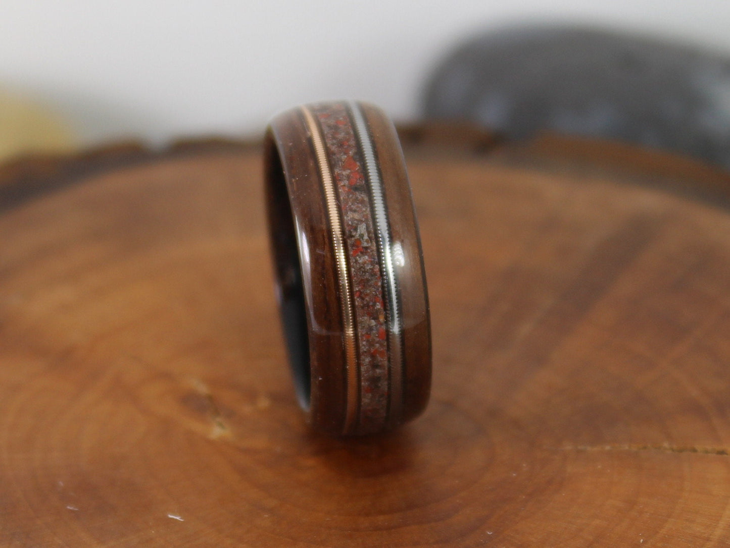 Rosewood Bent Wood Ring with Dinosaur Bone and Guitar Strings