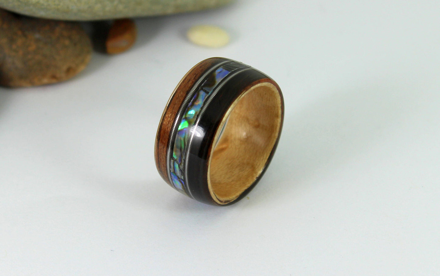 Ebony & Maple With Abalone + Guitar Strings Bent Wood Ring