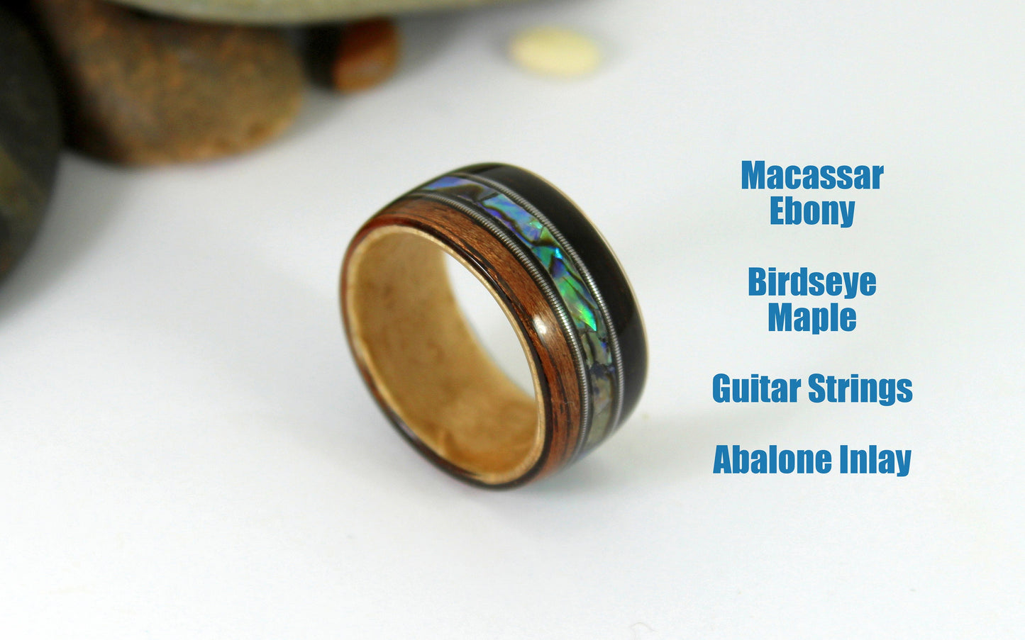 Ebony & Maple With Abalone + Guitar Strings Bent Wood Ring