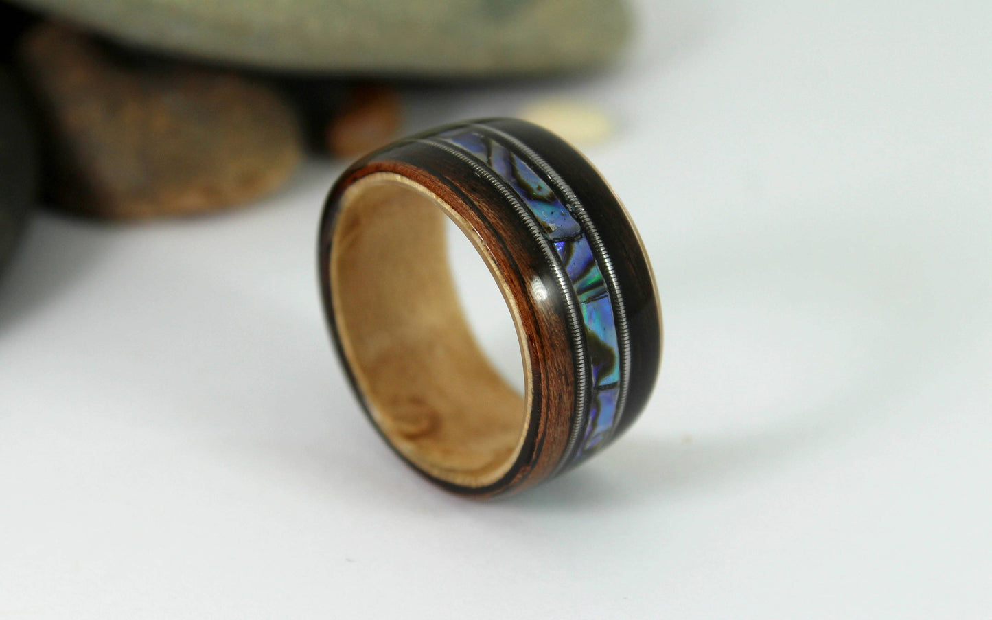 Ebony & Maple With Abalone + Guitar Strings Bent Wood Ring