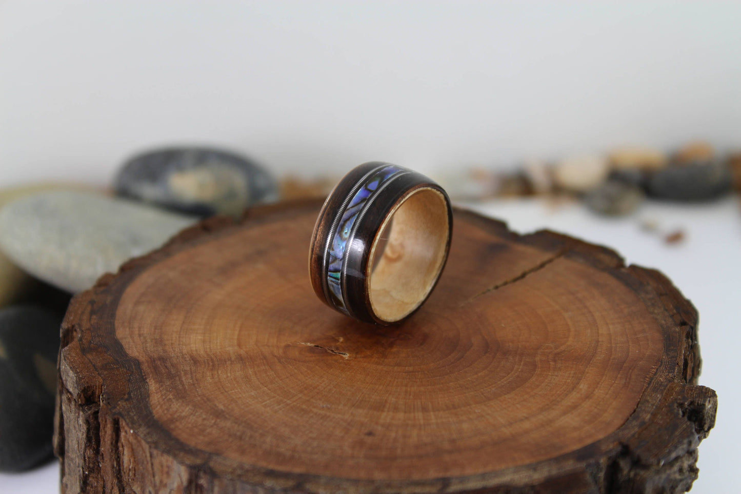 Ebony & Maple With Abalone + Guitar Strings Bent Wood Ring