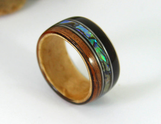 Ebony & Maple With Abalone + Guitar Strings Bent Wood Ring