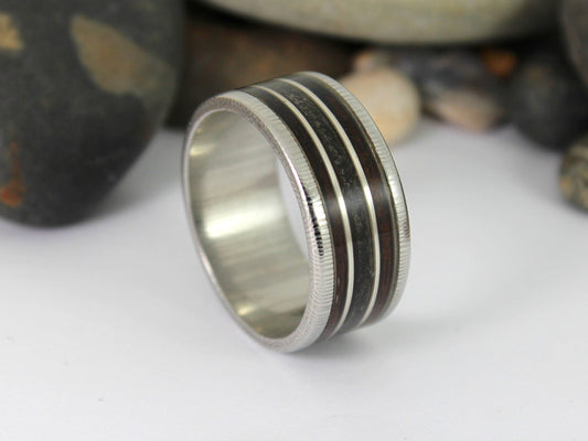 Damascus Steel Ring With Megalodon Tooth, Silver and Wood Inlay