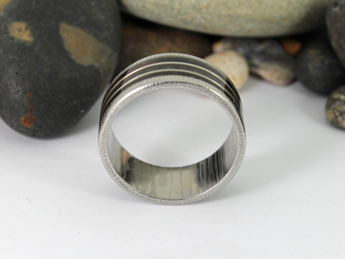 Damascus Steel Ring With Megalodon Tooth, Silver and Wood Inlay