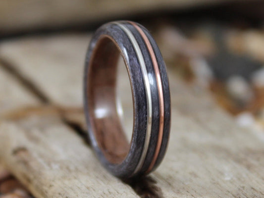 Walnut & Grey Maple with Copper and Silver Bent Wood Ring