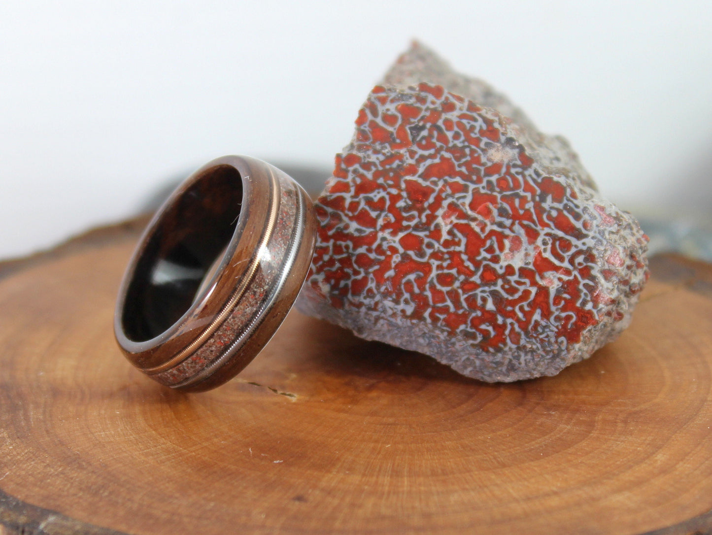 Rosewood Bent Wood Ring with Dinosaur Bone and Guitar Strings