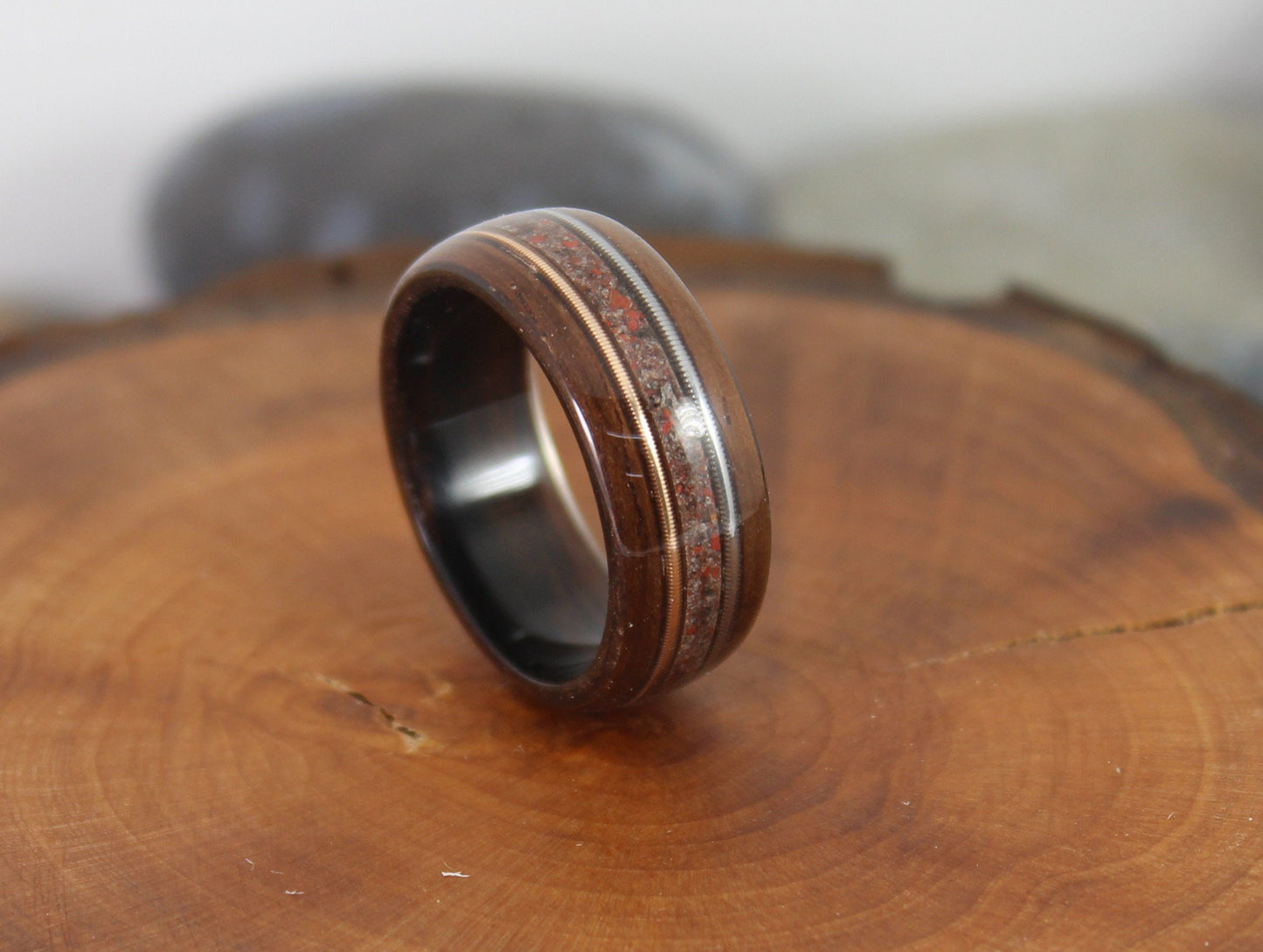Rosewood Bent Wood Ring with Dinosaur Bone and Guitar Strings