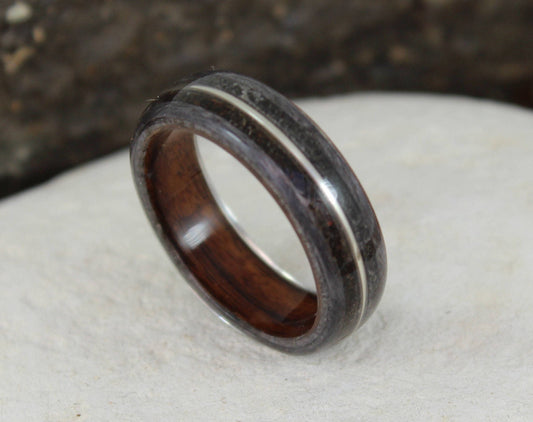 Grey Maple & Rosewood Bent Wood Ring with Dinosaur Bone, Meteorite and Silver