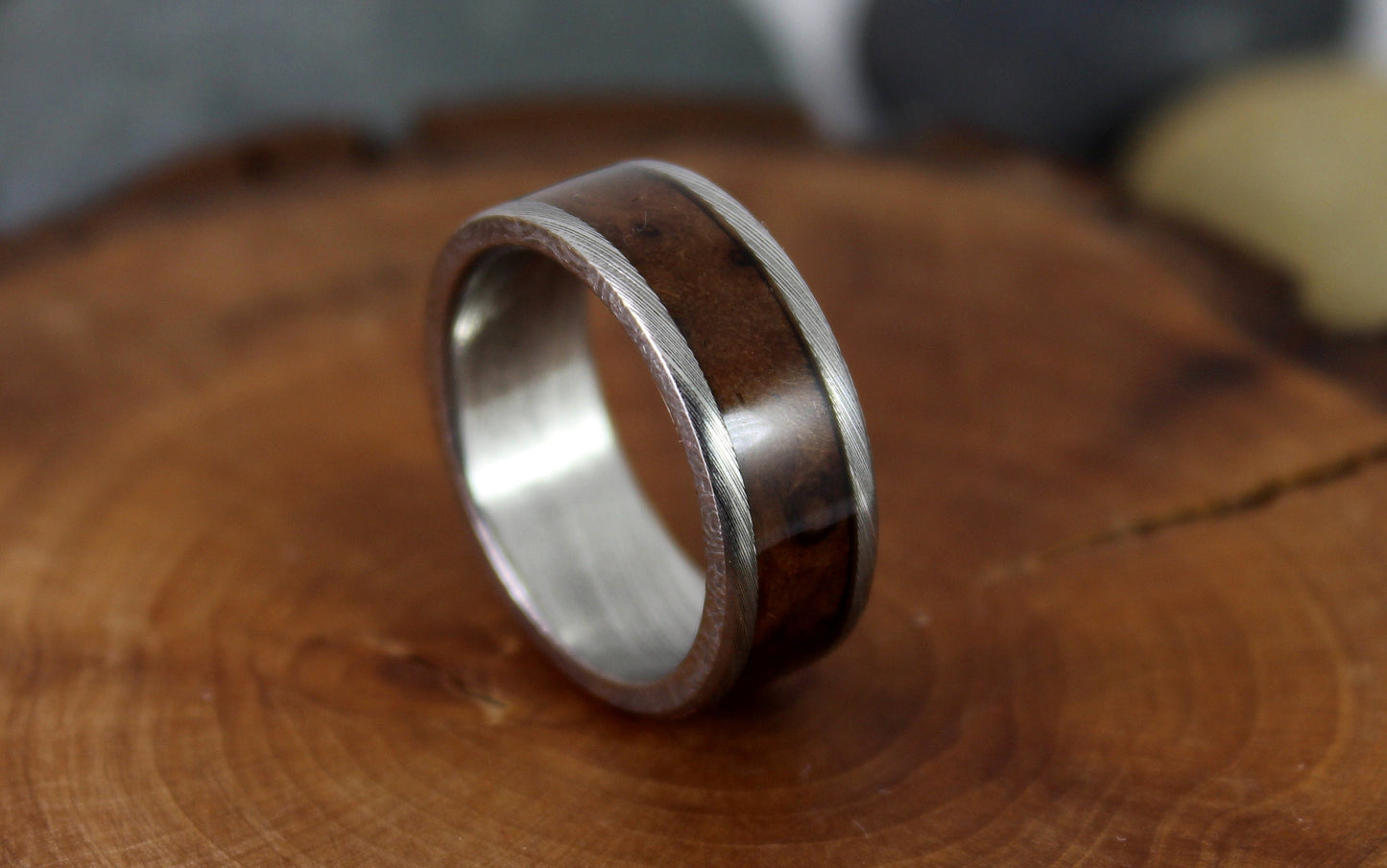 Damascus Steel Ring Walnut Burl Inlay