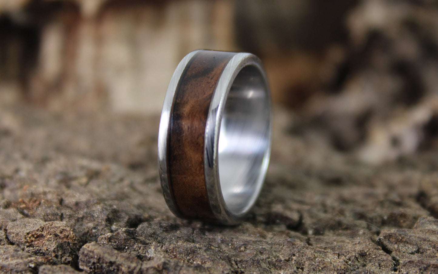Damascus Steel Ring Walnut Burl Inlay