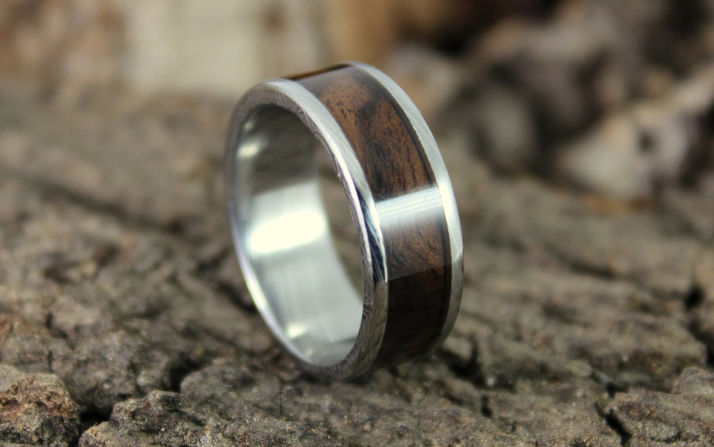 Damascus Steel Ring Walnut Burl Inlay