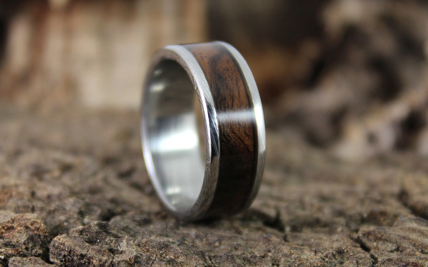 Damascus Steel Ring Walnut Burl Inlay