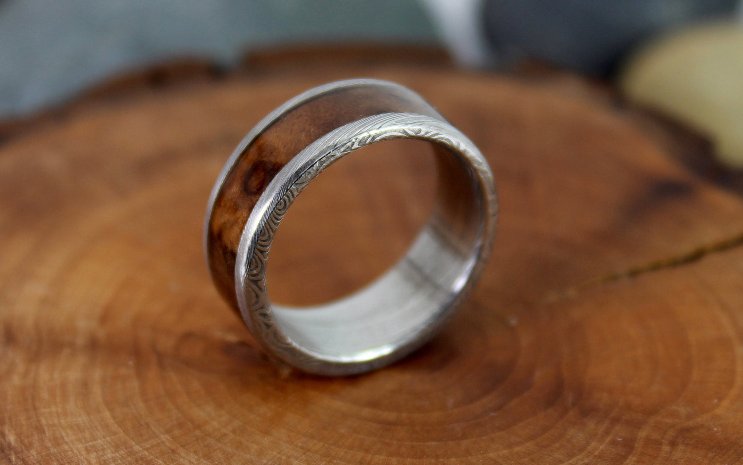 Damascus Steel Ring Walnut Burl Inlay