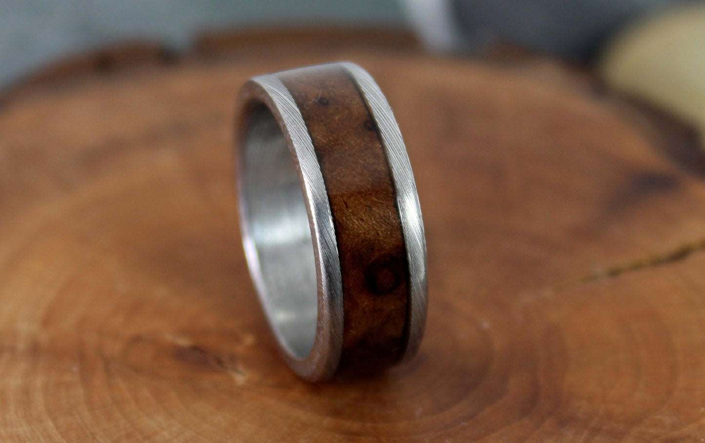Damascus Steel Ring Walnut Burl Inlay