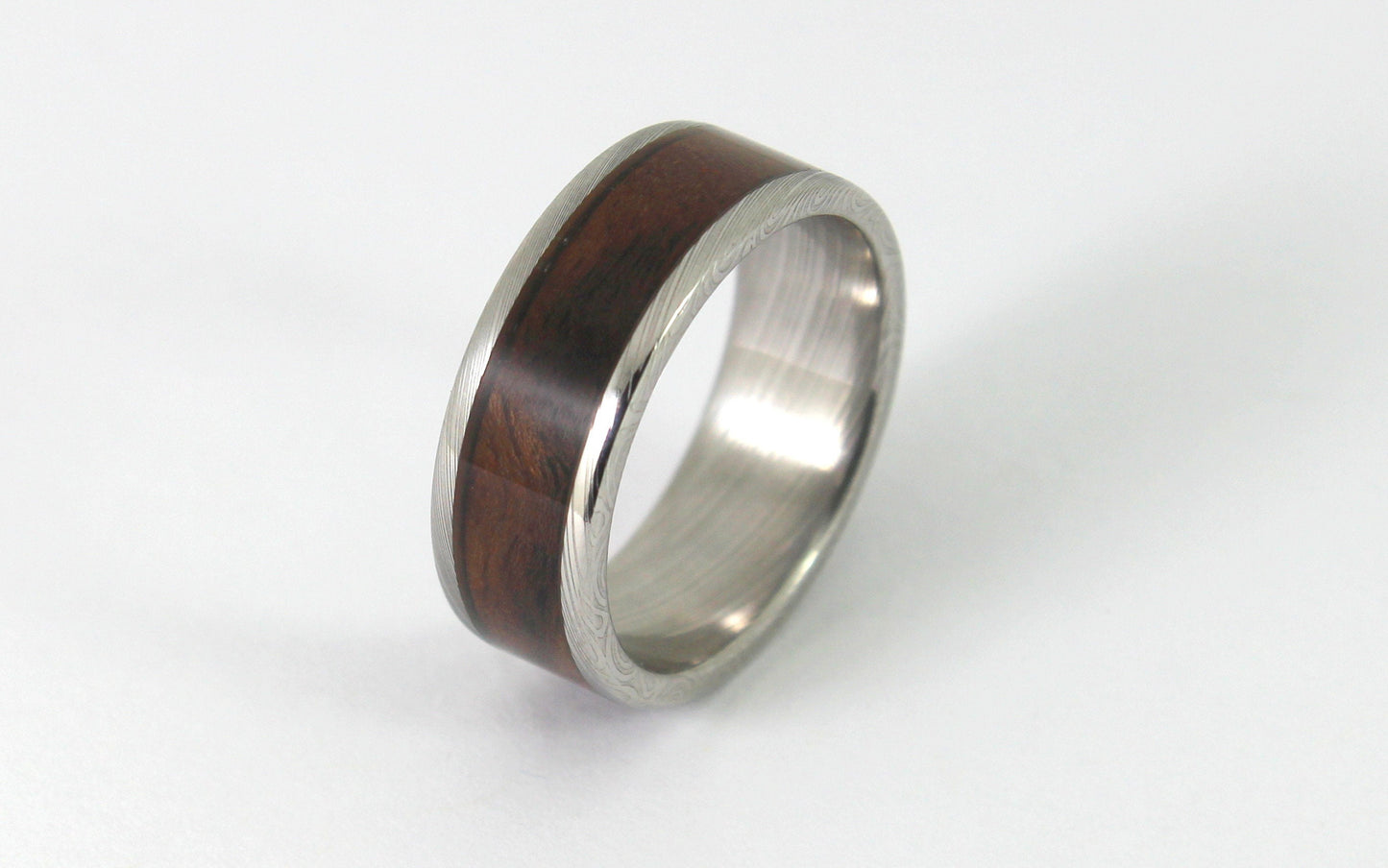 Damascus Steel Ring Walnut Burl Inlay