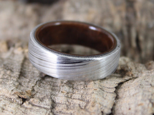 Damascus Steel Ring with Walnut Burl Inside