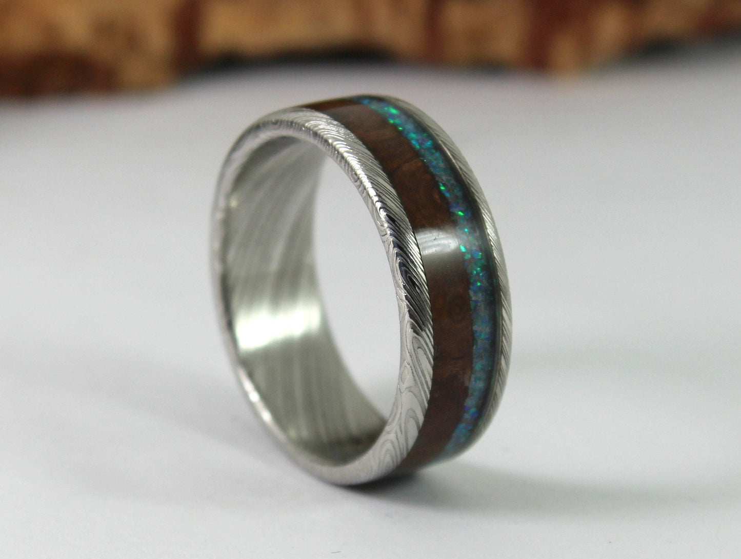 Damascus Steel Ring with Walnut and Blue Opal