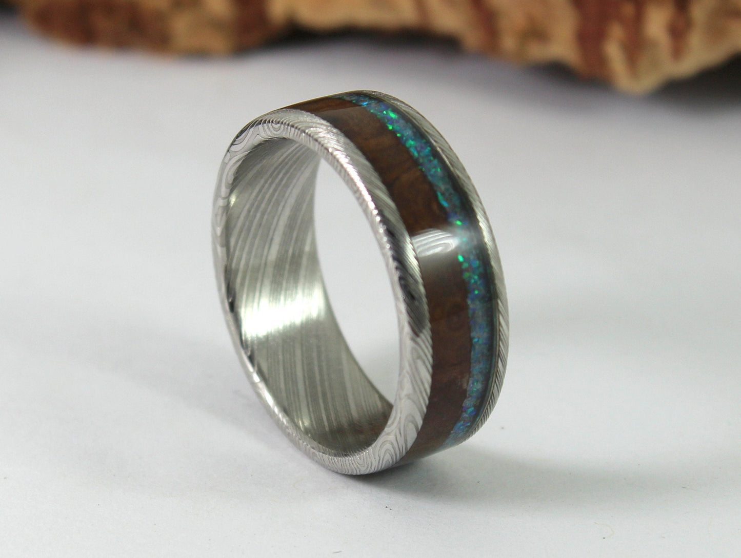 Damascus Steel Ring with Walnut and Blue Opal