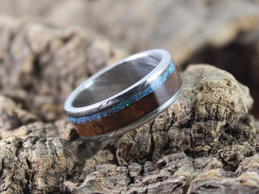 Damascus Steel Ring with Walnut and Blue Opal