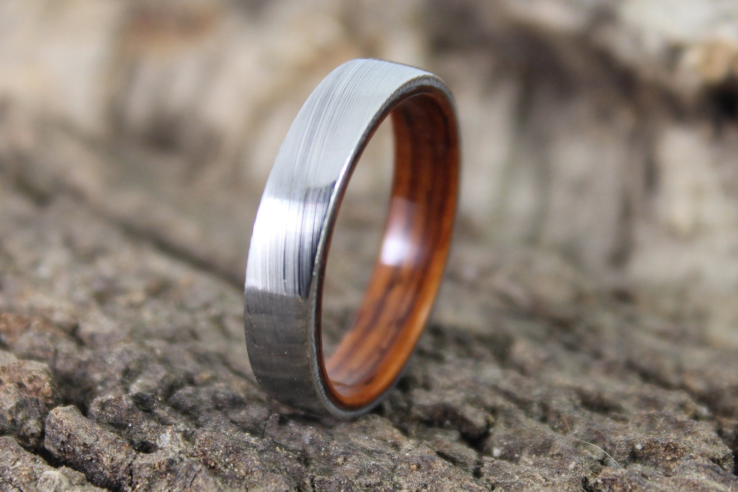 Damascus Steel Ring with Kingwood Inside