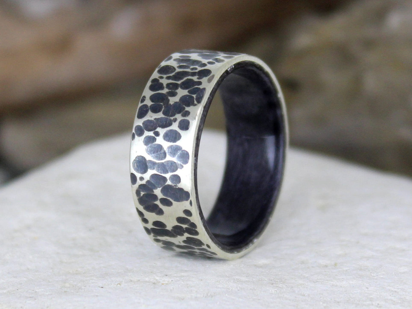 Hammered Silver Ring with Grey Maple Wood