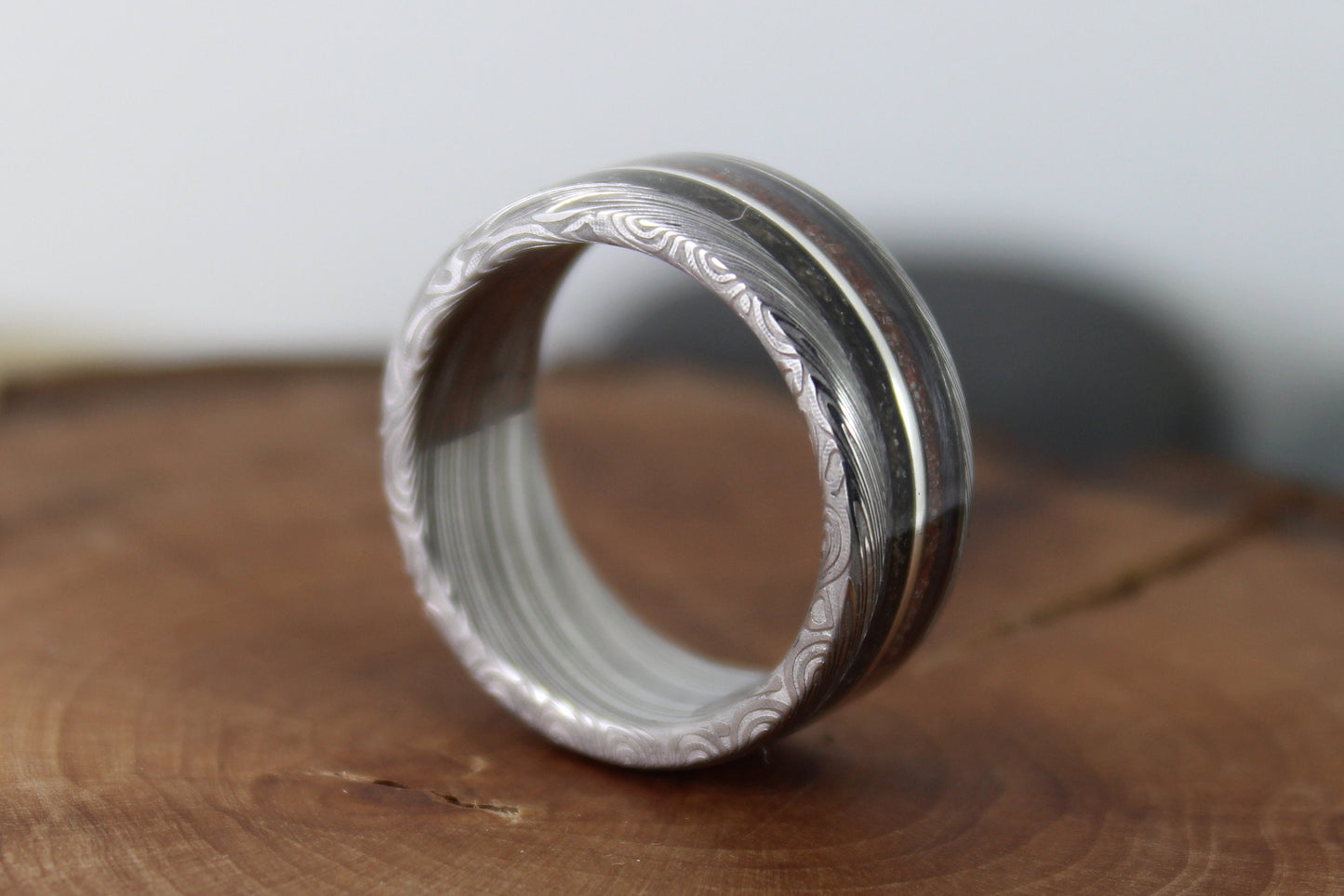 Damascus Steel Ring With Tektite Meteorite, Dinosaur Bone, Grey Maple and Silver