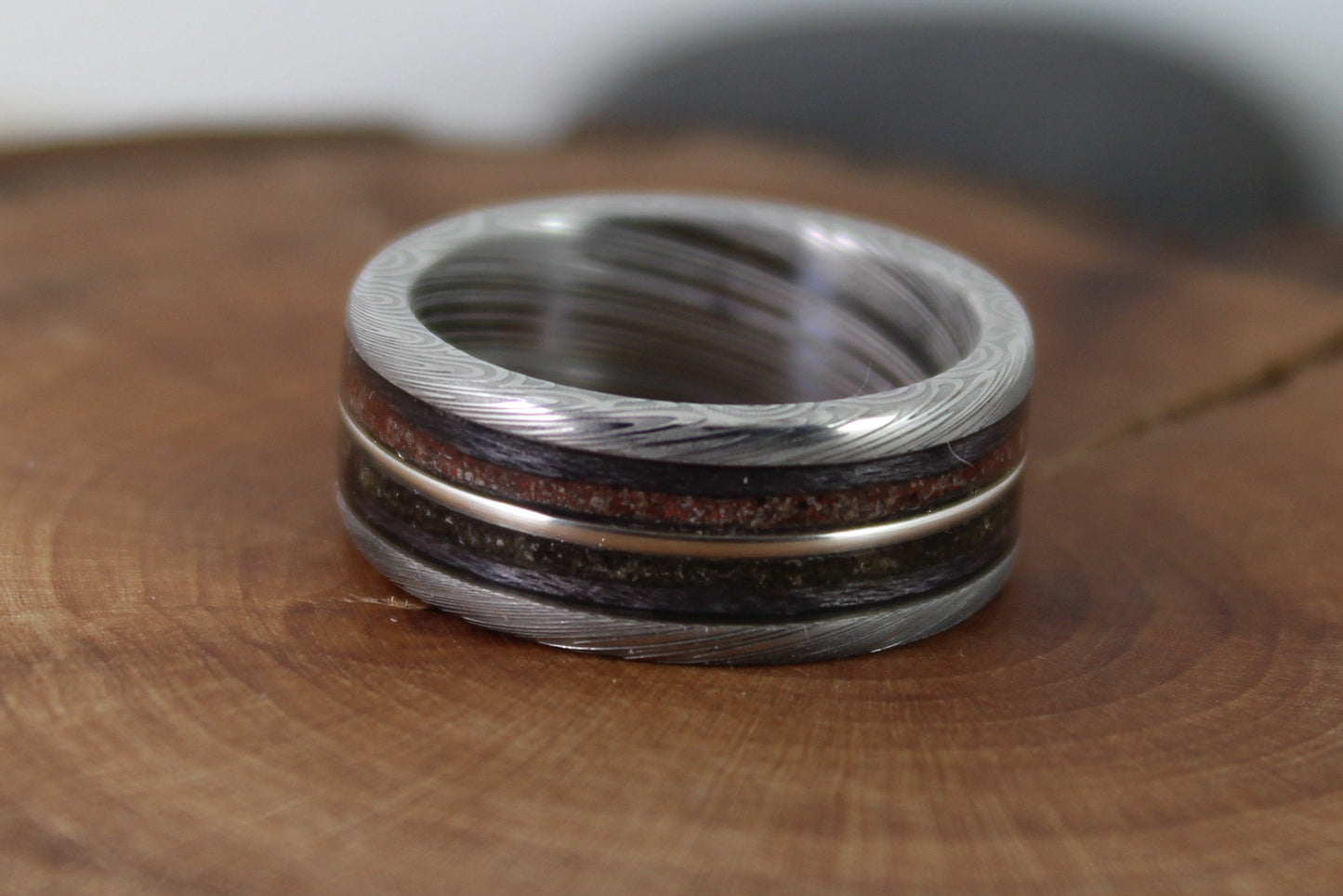 Damascus Steel Ring With Tektite Meteorite, Dinosaur Bone, Grey Maple and Silver