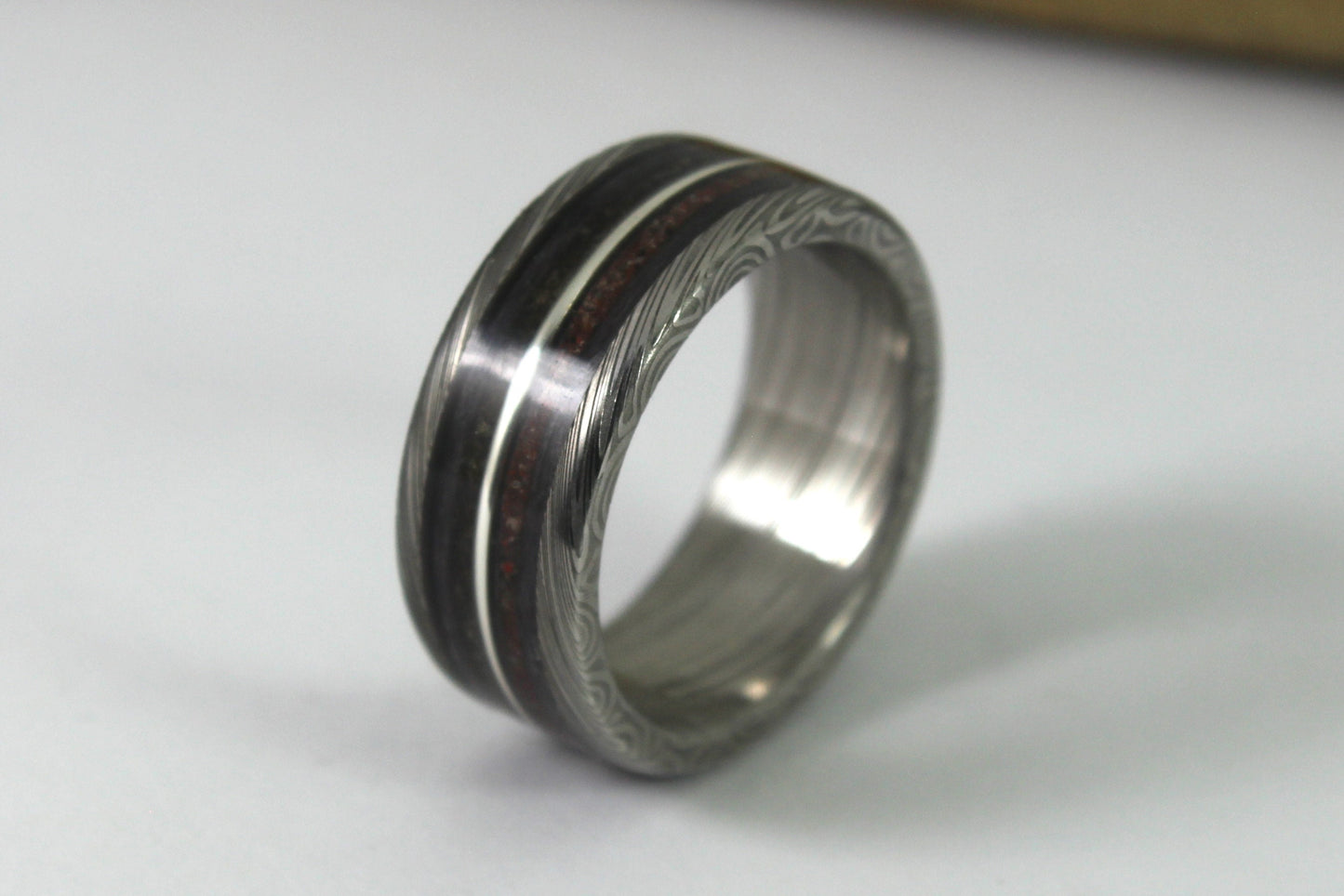 Damascus Steel Ring With Tektite Meteorite, Dinosaur Bone, Grey Maple and Silver