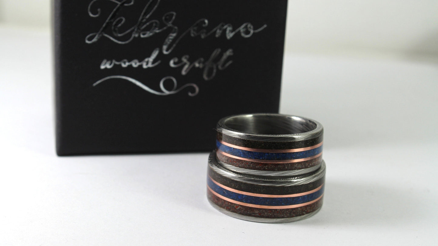 Damascus Steel Ring With Meteorite, Dinosaur Bone, Blue Lapis and Copper