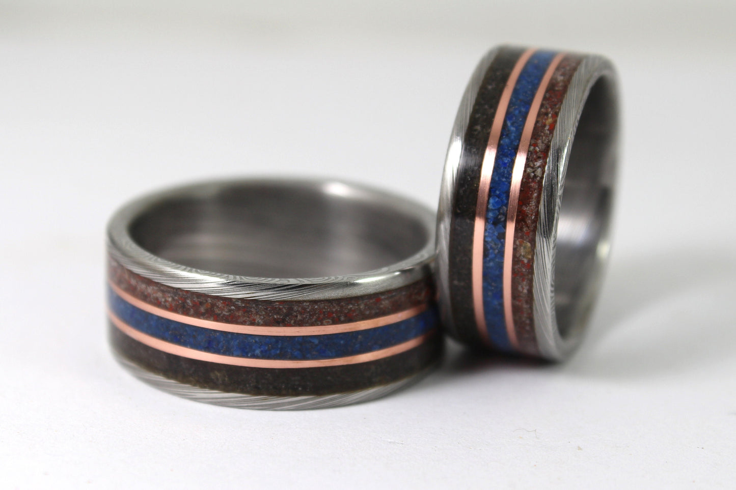 Damascus Steel Ring With Meteorite, Dinosaur Bone, Blue Lapis and Copper